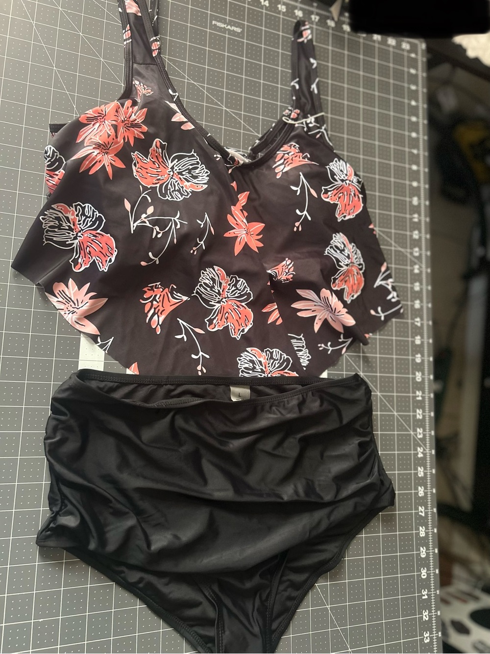 Black Floral High-Waist Bikini Set - Coral & White Flowers